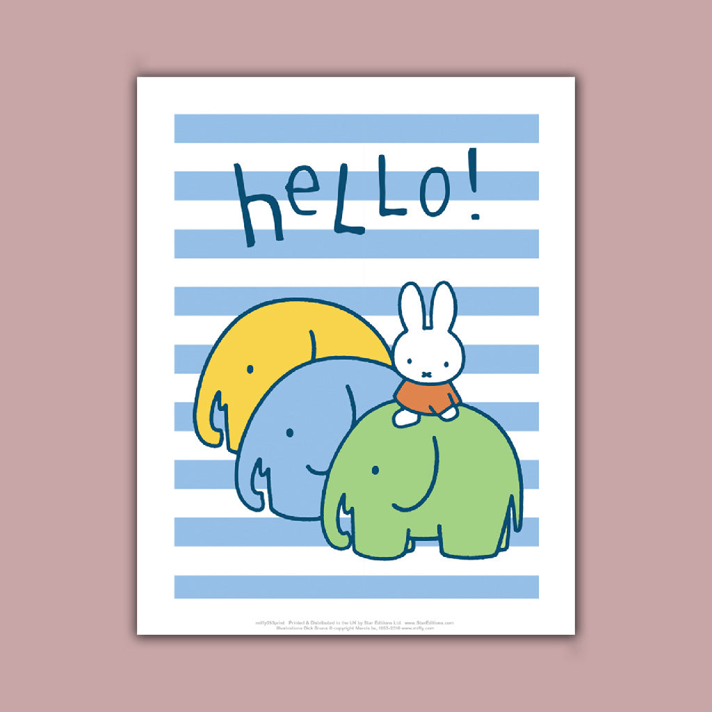 Miffy - saying hello with 3 elephants Art Print