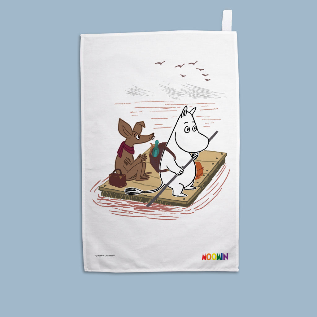 Moomintroll and sniff on floater in water Tea Towel