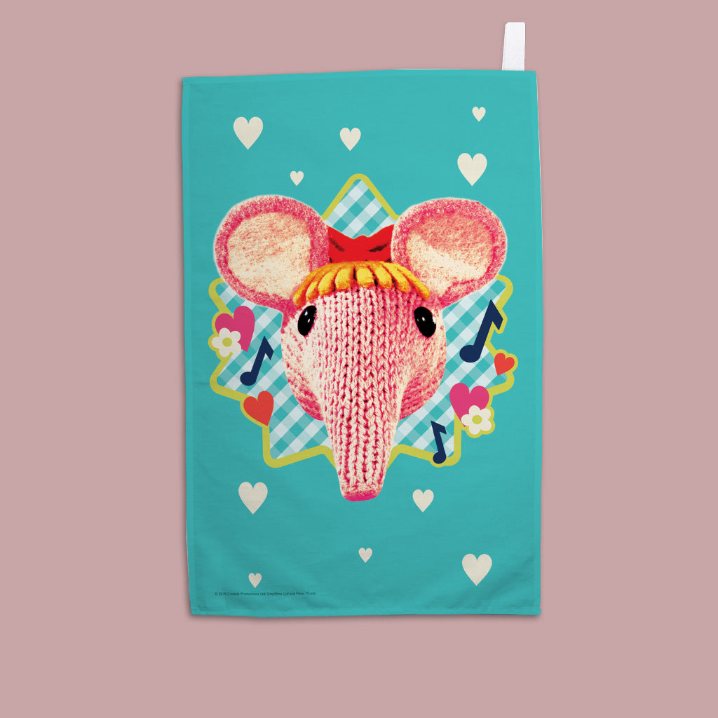 Blue Hearts and Flowers Clangers Tea Towel