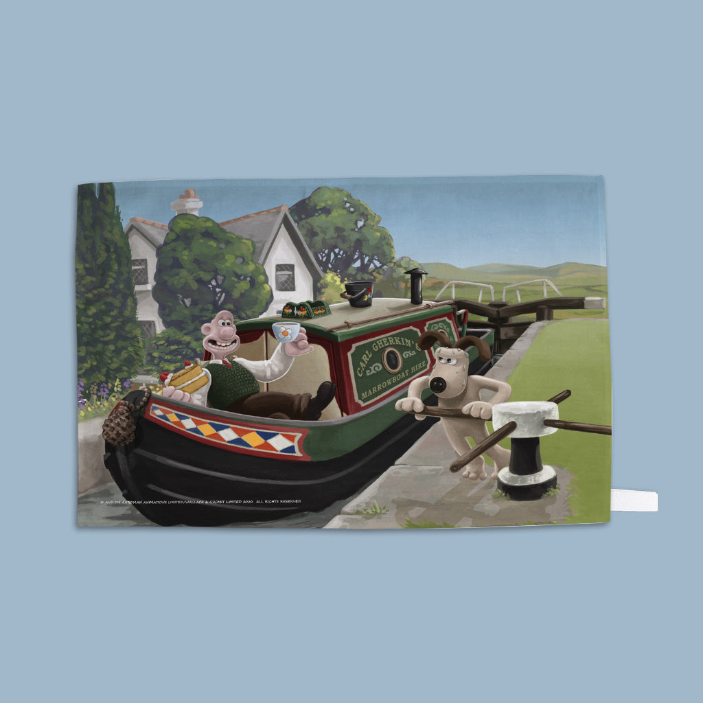 Wallace and Gromit enjoying a Canal Boat Trip Tea Towel