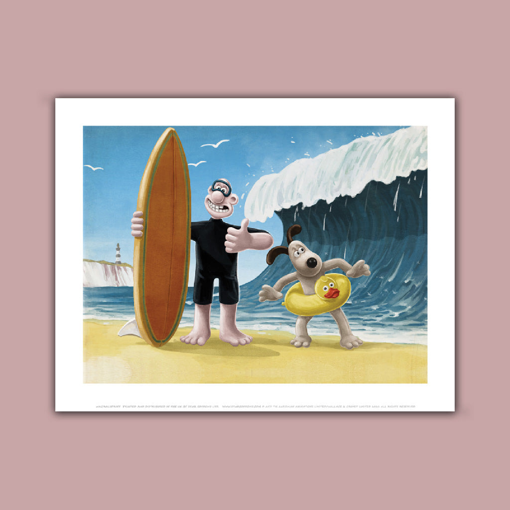 Wallace and Gromit surfing at the Beach Art Print