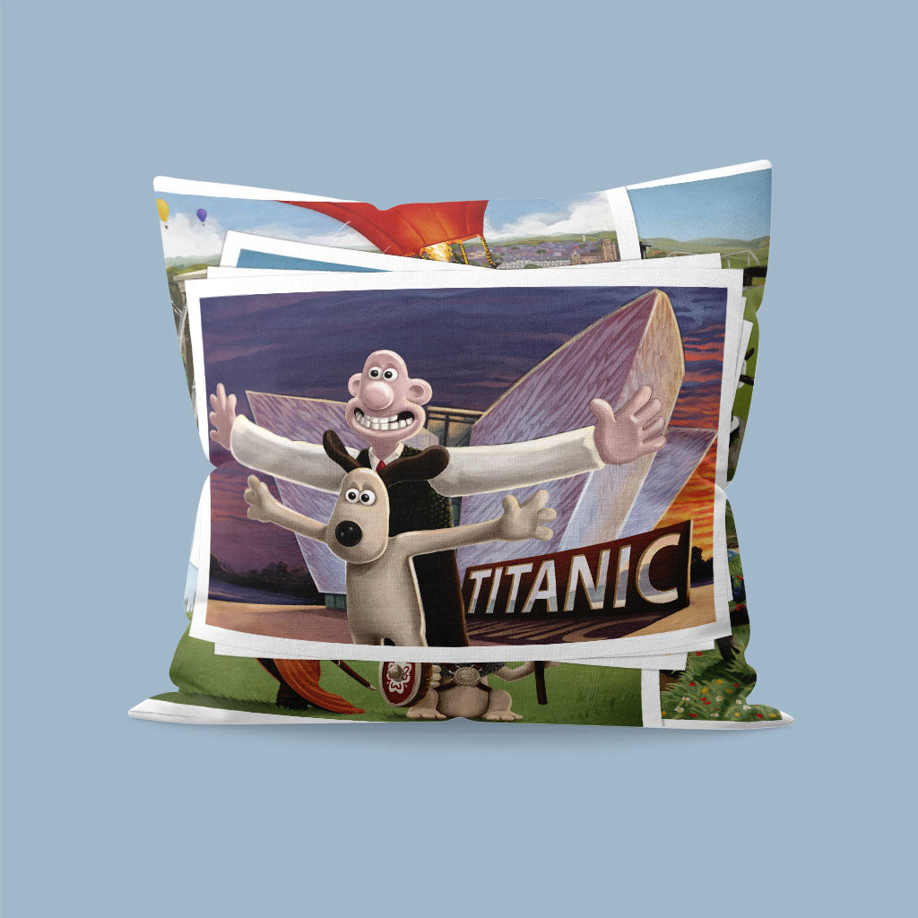 Wallace and Gromit Visit the Titanic Museum in Belfast Cushion