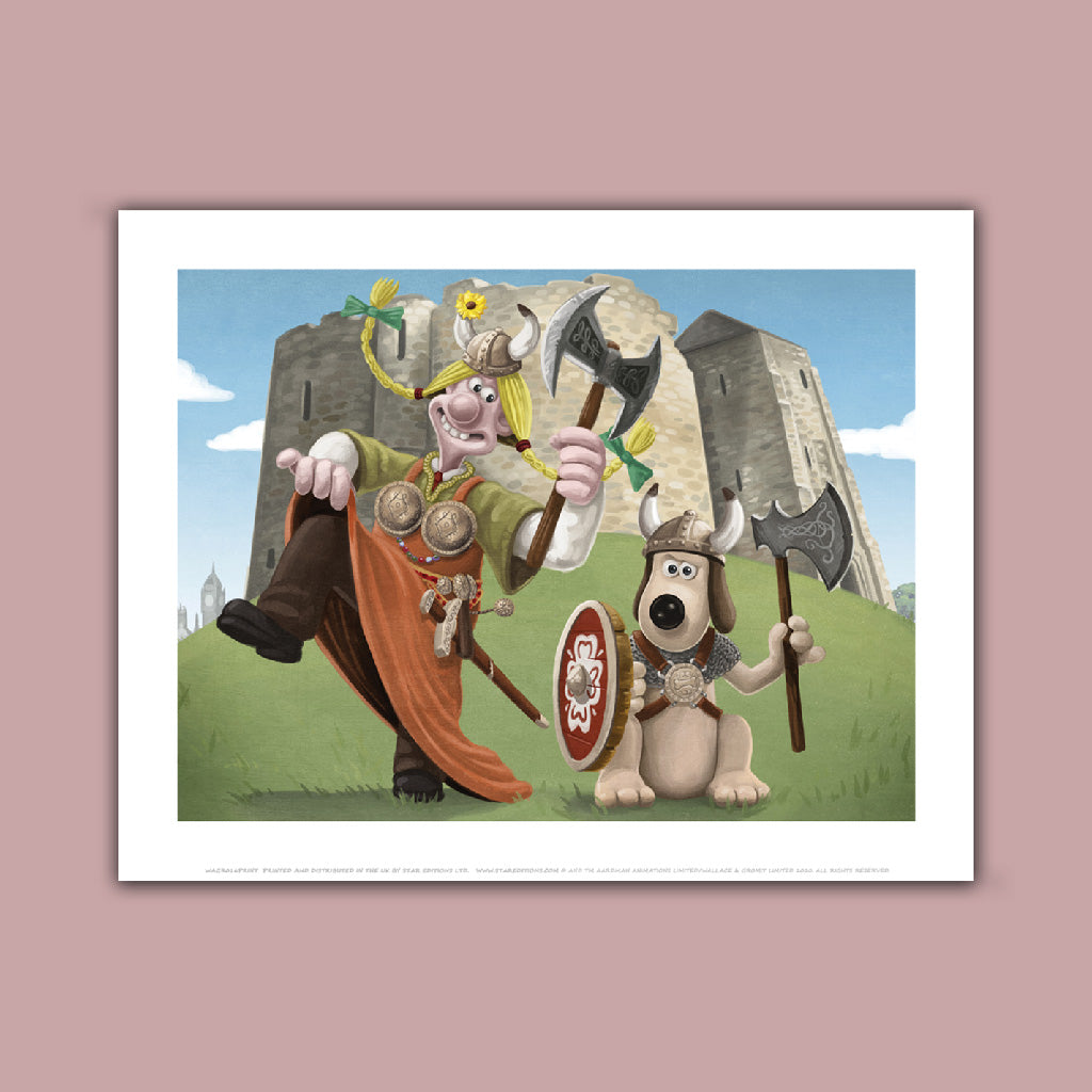 Wallace and Gromit as Vikings at York Castle Art Print