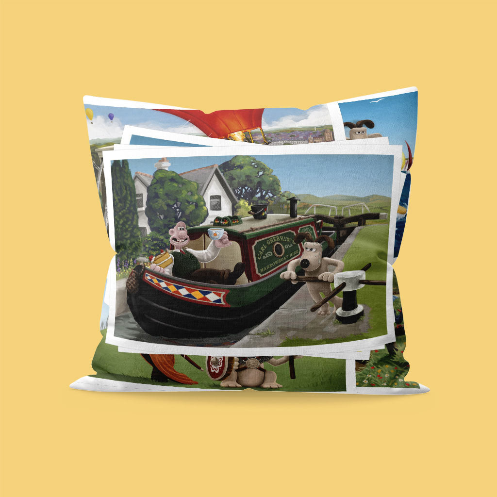 Wallace and Gromit enjoying a Canal Boat Trip Cushion