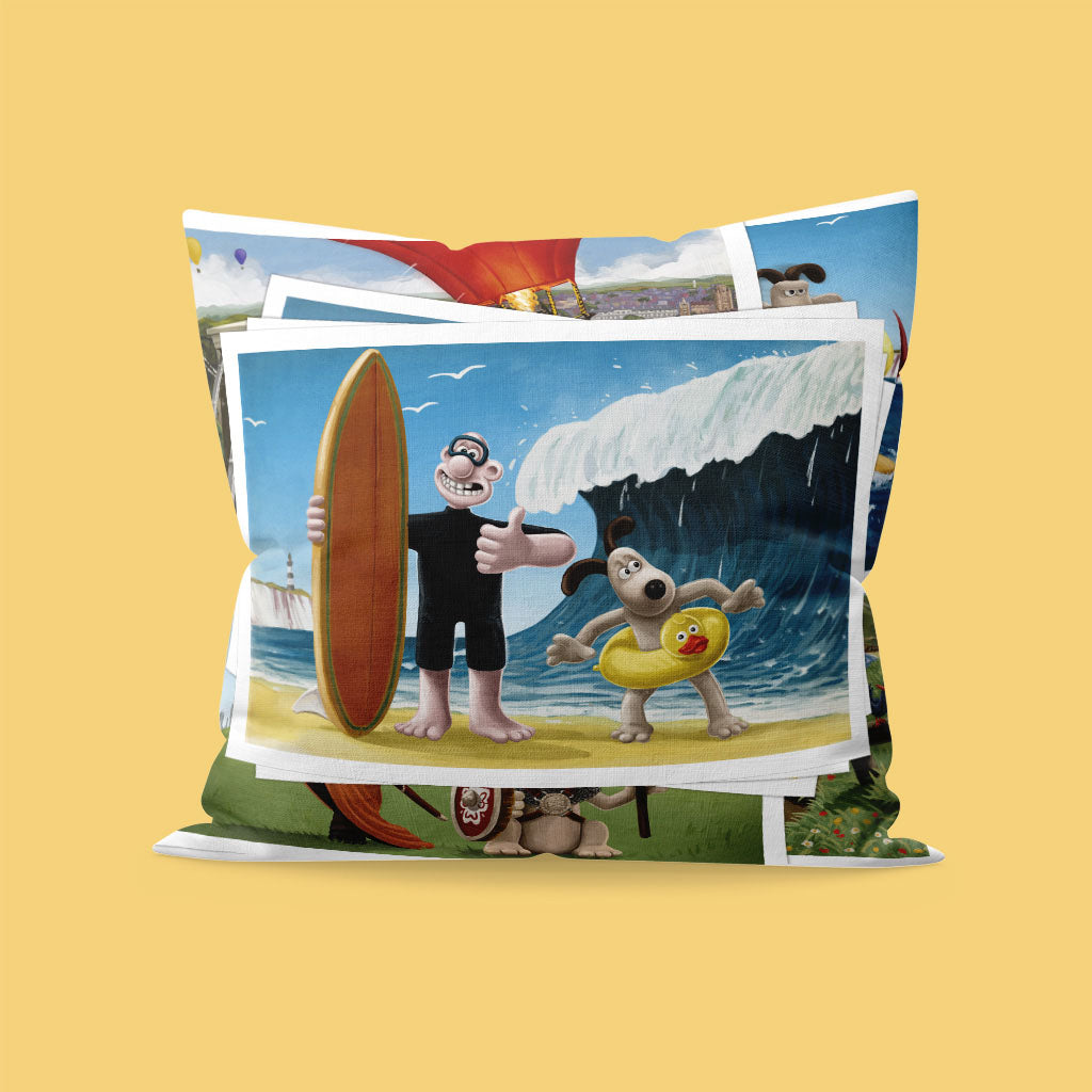 Wallace and Gromit surfing at the Beach Cushion